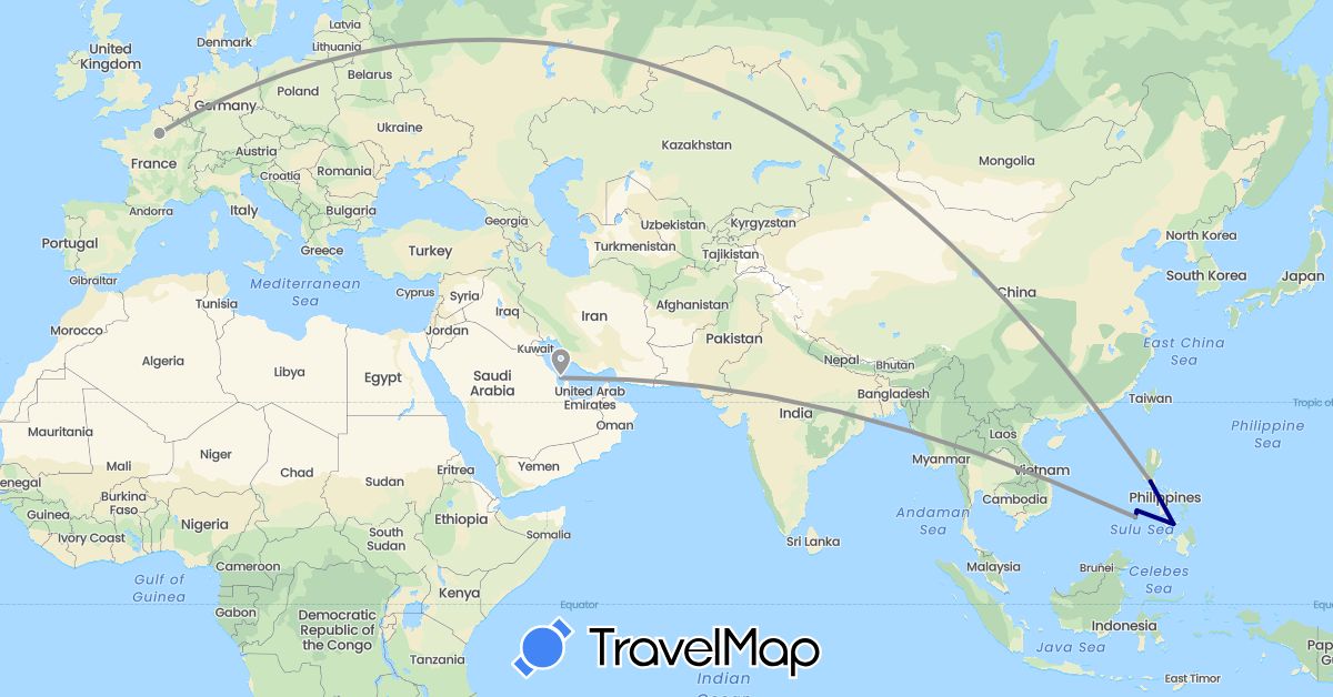 TravelMap itinerary: driving, plane in Bahrain, France, Philippines (Asia, Europe)